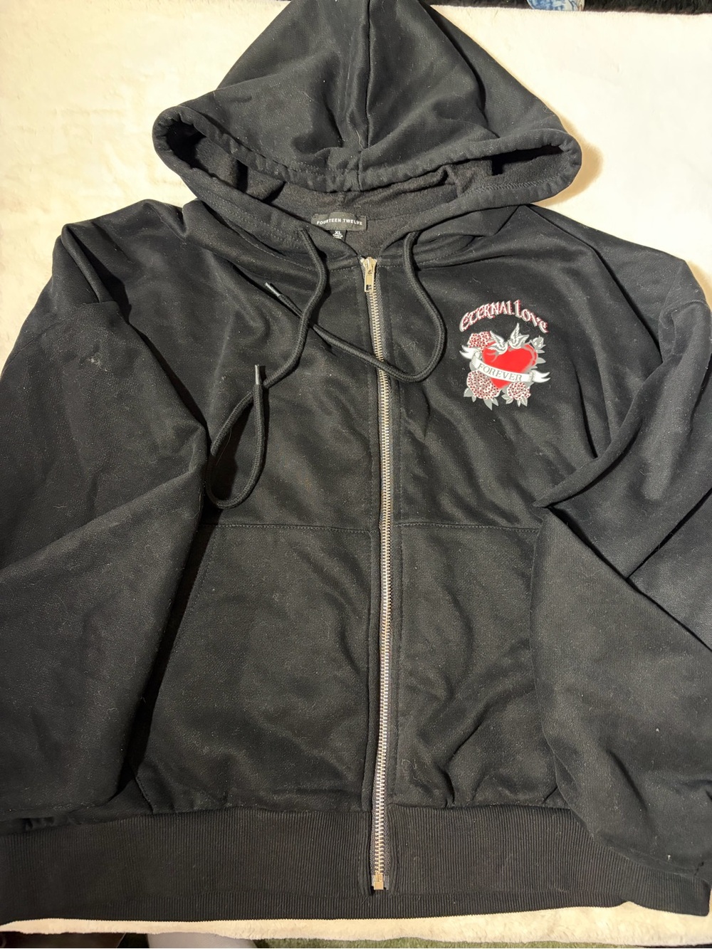 Black 'Eternal Love' Zip Hoodie with Embroidered Heart